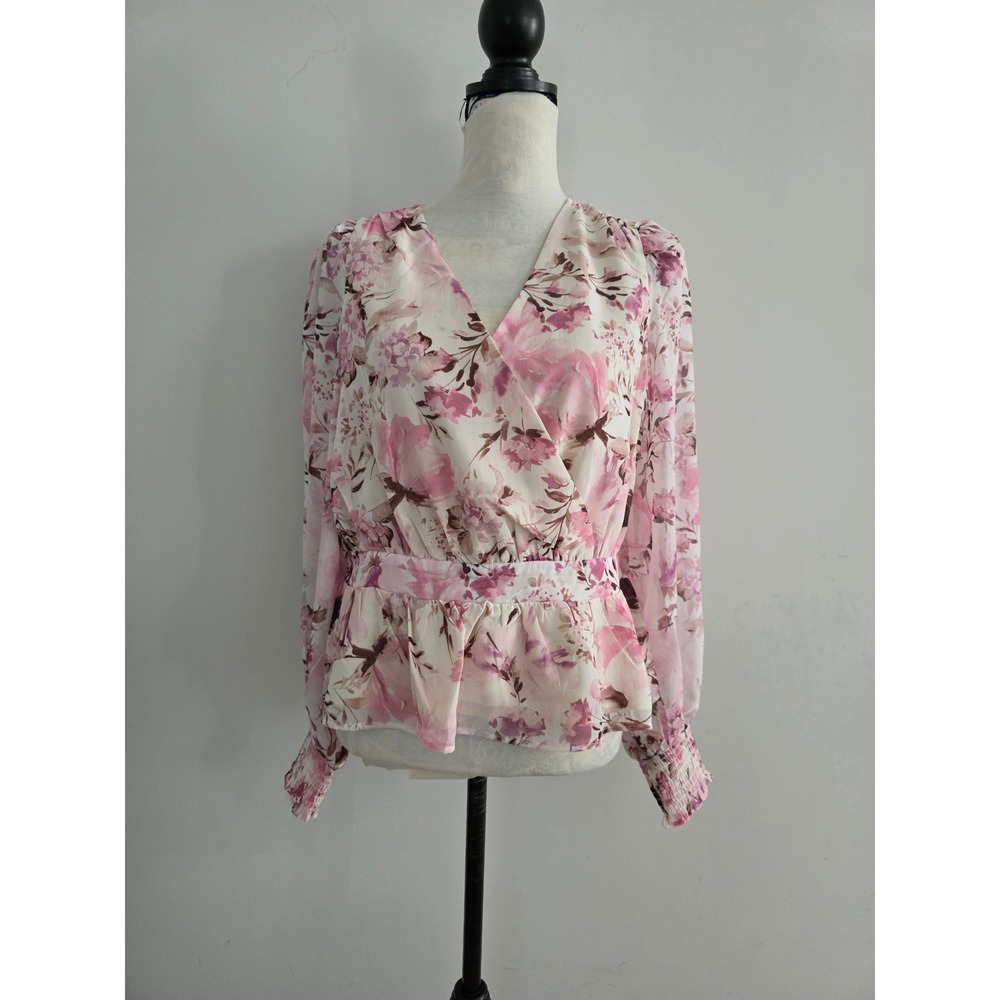 Express Womens Floral Surplice Peplum Blouse Pink Cream Smock Cuff Sz Medium NWT